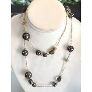 J. Crew Signed Gold Tone Station Necklace 36'' Cable Chain Faux Pearl Rhinestone